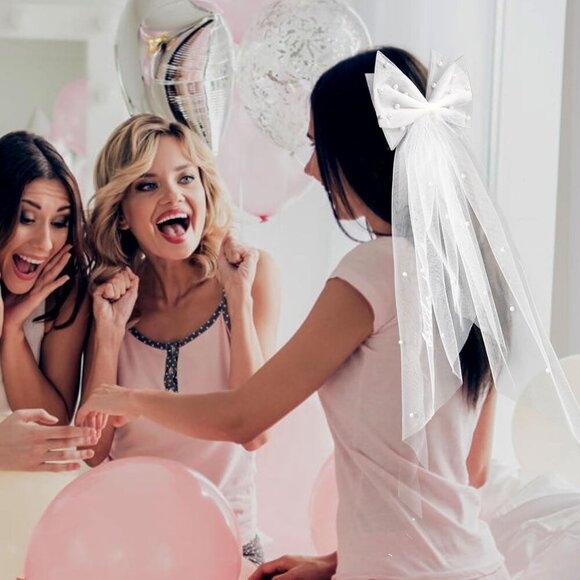 🆕Women White Tulle Pearl 2 Tier Bow Veil Engagement Hair Accessory - Picture 6 of 7